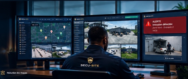Opérateur devant la console de supervision SECU-SITE : carte des sites, vignettes caméras et alerte d'intrusion